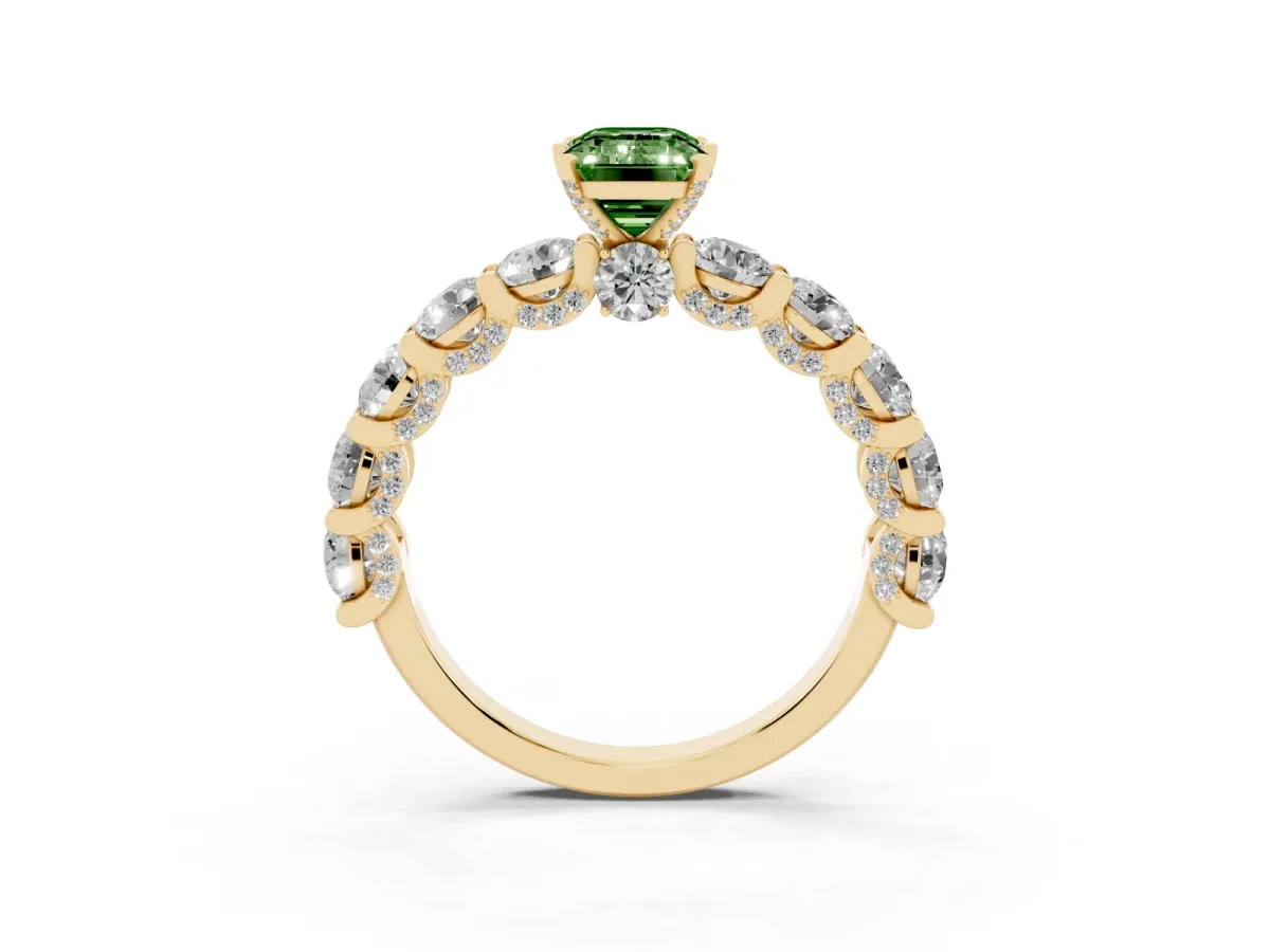 Fancy Green Emerald Cut Diamond Side Stone Engagement Ring with Four-Prong Setting Yellow gold