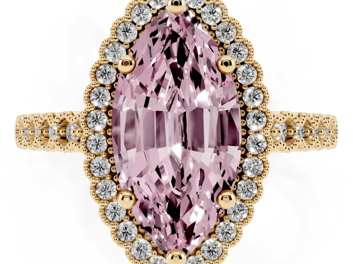 Fancy Pink Marquise Cut Cut Halo Pavé Solitaire Ring with Milgrain Band Yellow gold