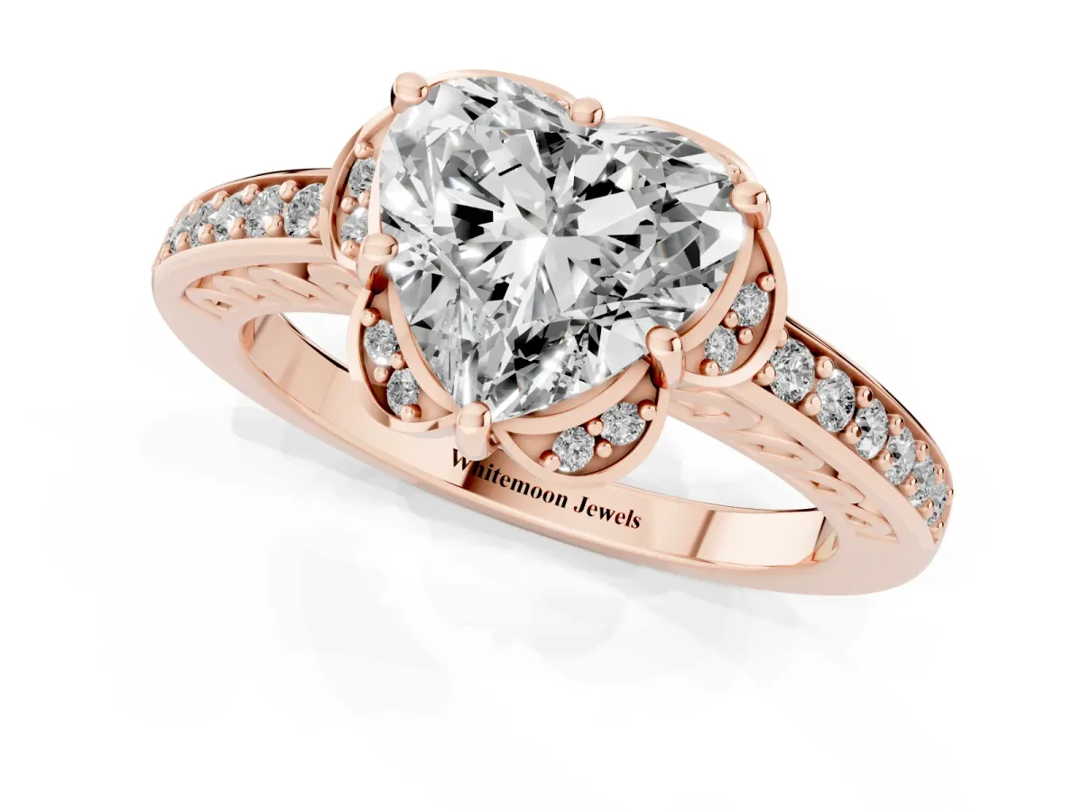 Heart Cut Cut Halo Diamond Ring with Channel Set Band and Four-Prong Setting Rose gold