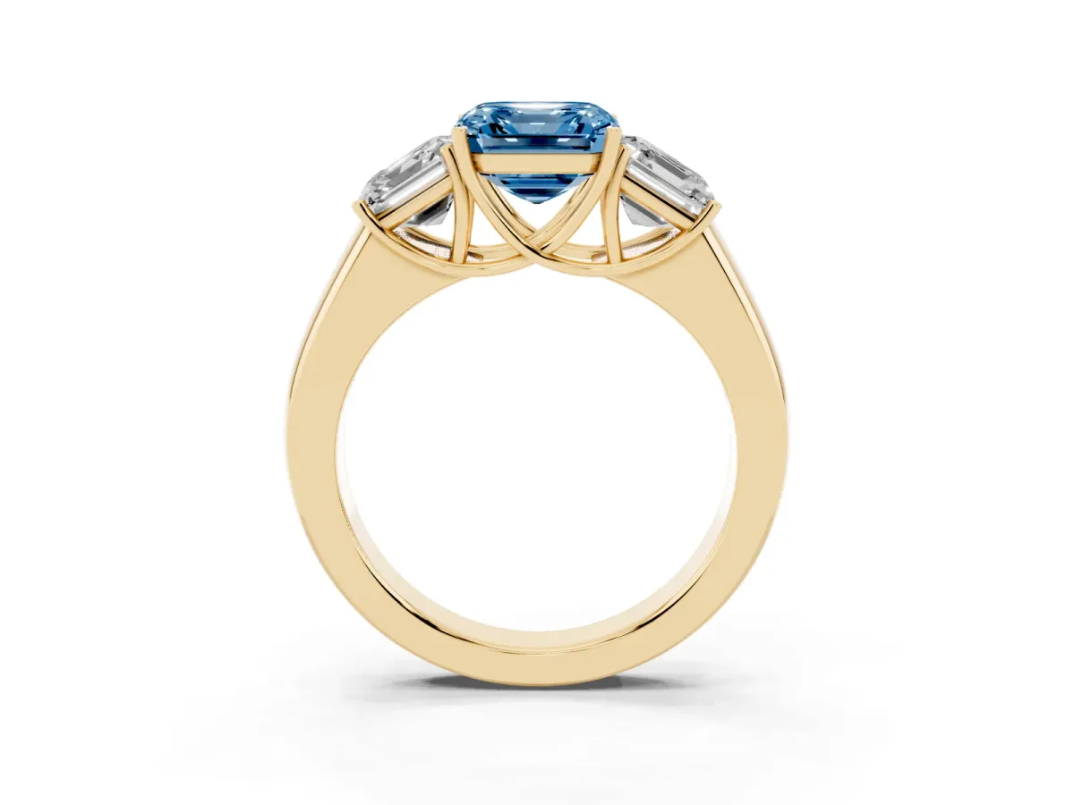 Fancy Blue Three-Stone Asscher Cut Cut Diamond Ring with Prong Setting and Classic Band Yellow gold