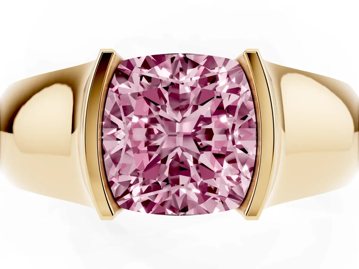 Fancy Pink Cushion Cut Solitaire Bezel Set Diamond Ring with Wide Band Yellow gold