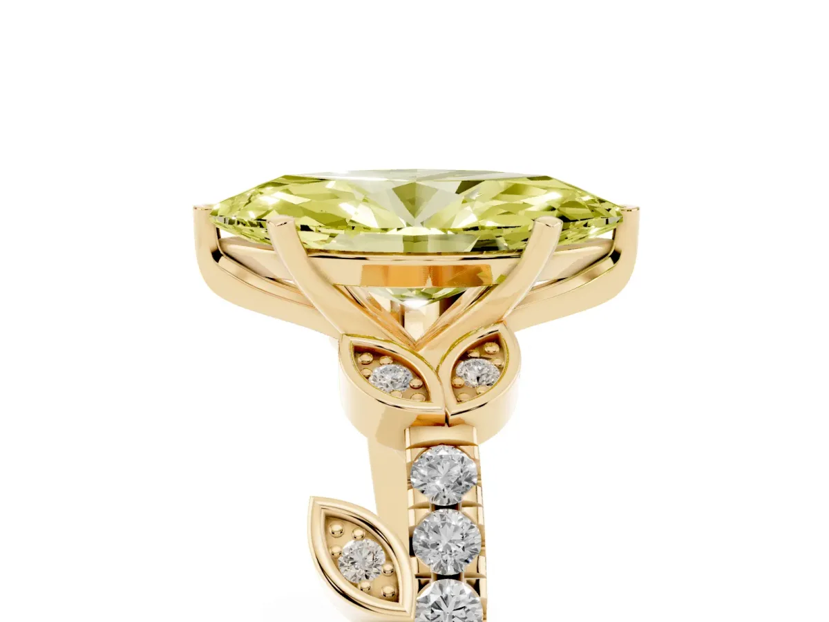 Fancy Yellow Marquise Cut Solitaire Leaf-Inspired Diamond Ring with Pavé Band and Four-Prong Setting Yellow gold