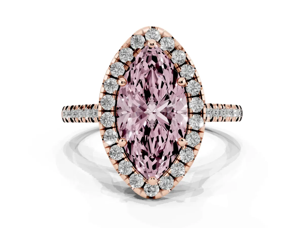 Fancy Pink Marquise Cut Diamond Cushion Halo Ring with Pavé Band Rose gold