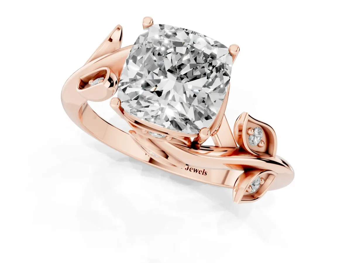 Cushion Cut Solitaire Twist Engagement Ring with Leaf Accents and Prong Setting Rose gold