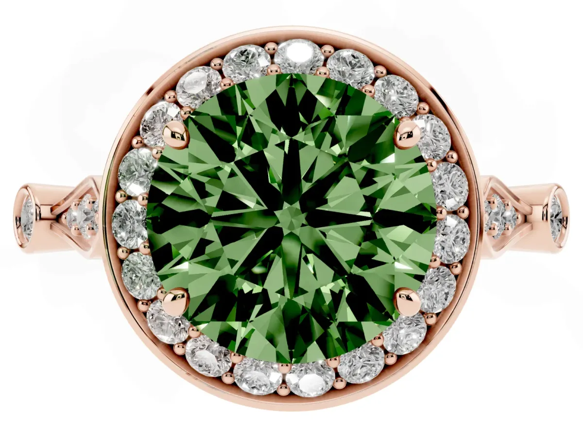 Fancy Green Round Cut Halo Diamond Engagement Ring with Twisted Band and Four-Prong Setting Rose gold