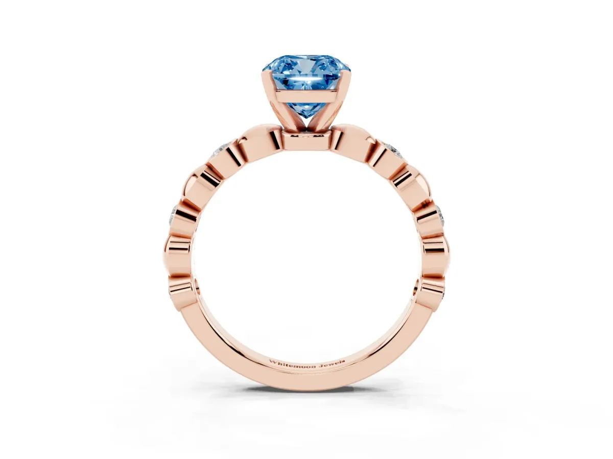 Fancy Blue Cushion Cut Solitaire Bezel-Set Diamond Ring with Beaded Band and Four-Prong Setting Rose gold