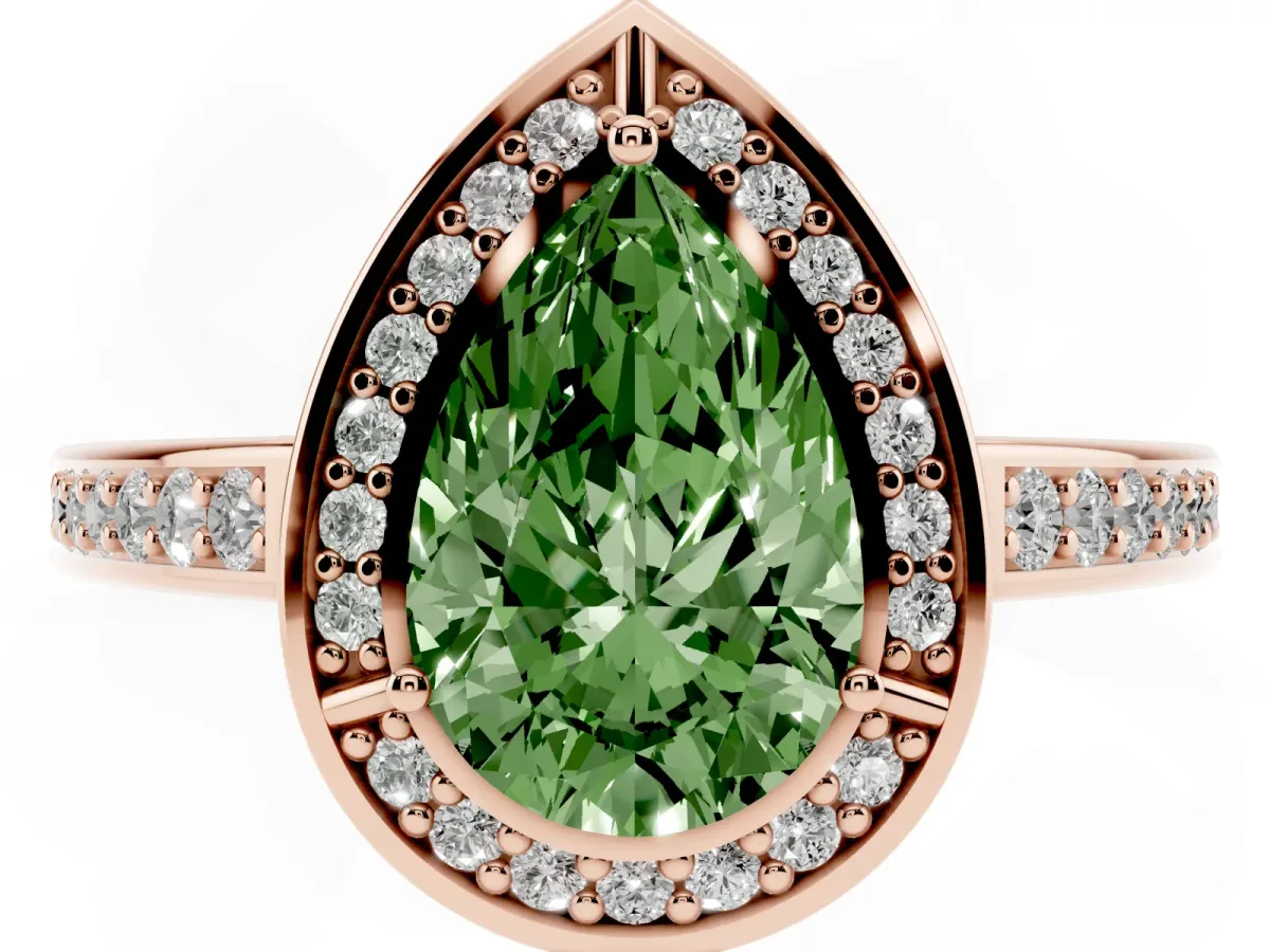 Fancy Green Pear Cut Cut Halo Pave Split Shank Prong Setting Ring Rose gold