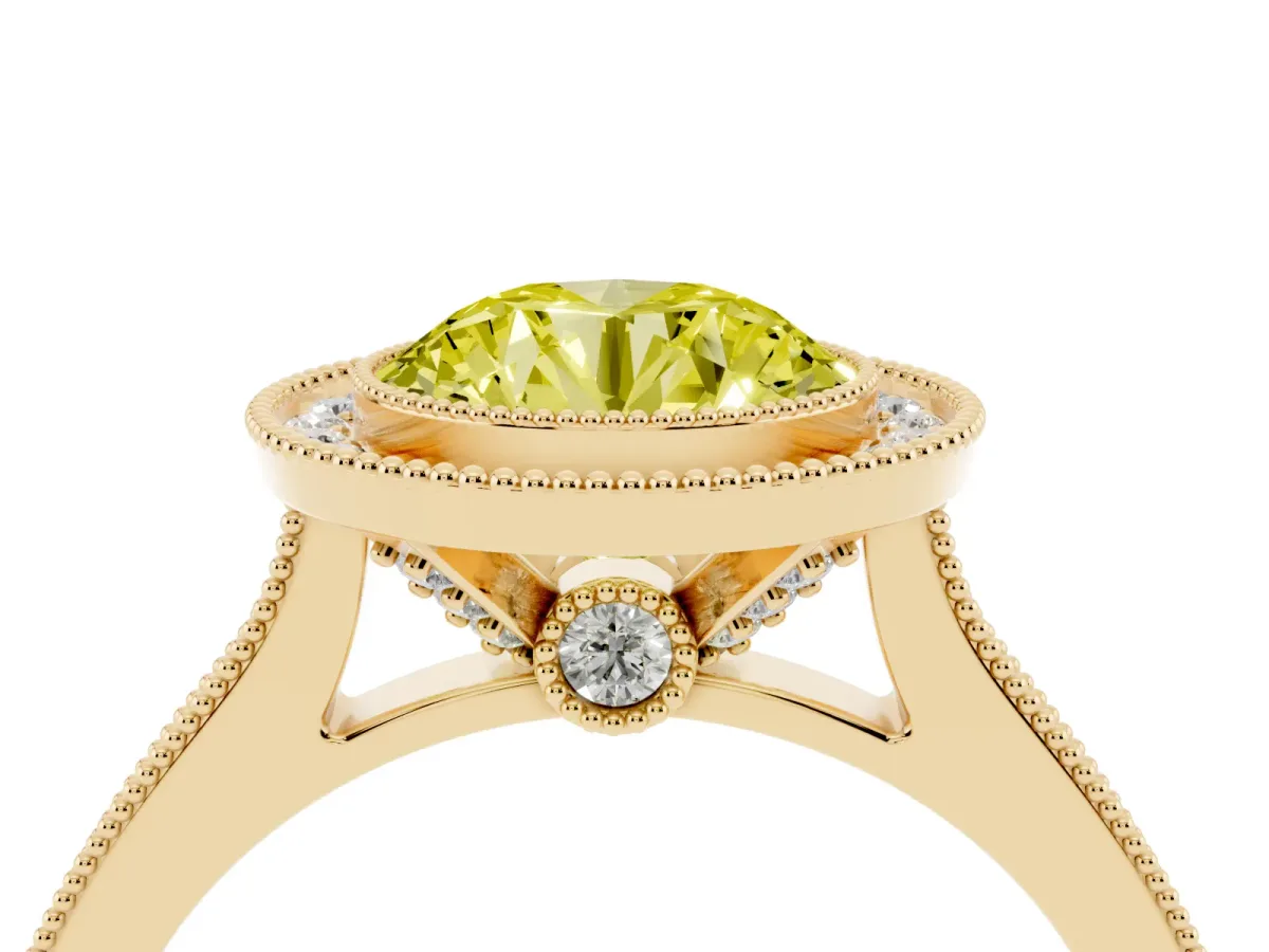 Fancy Yellow Halo Round Cut-Cut Diamond Pave Band Milgrain Prong Setting Ring Yellow gold