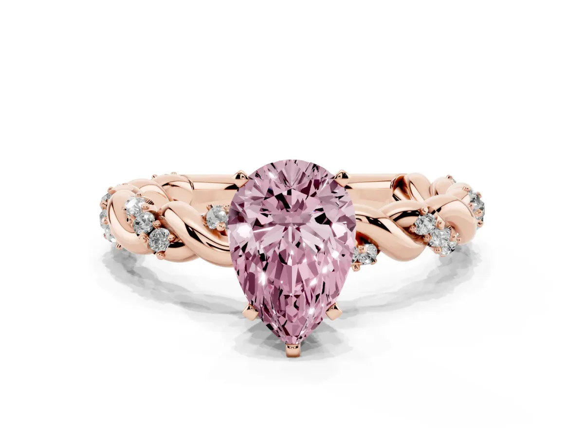 Fancy Pink Pear Cut Diamond Solitaire Ring with Twisted Band and Pavé Accents Rose gold