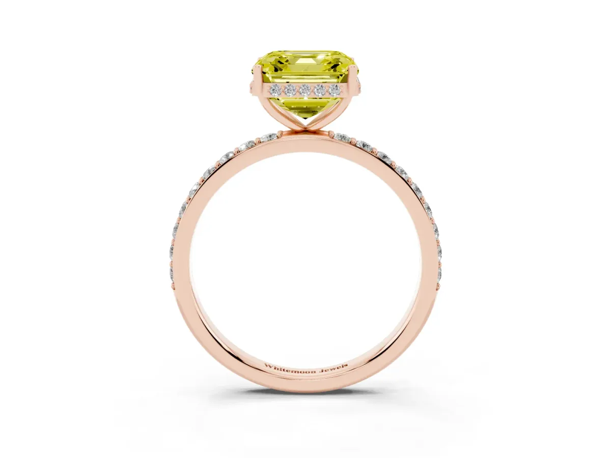 Fancy Yellow Asscher Cut Diamond Solitaire Ring with Pavé Band and Hidden Halo Rose gold