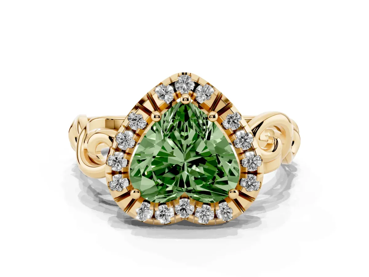 Fancy Green Heart Cut Cut Halo Diamond Ring with Scrollwork Band and Four-Prong Setting Yellow gold