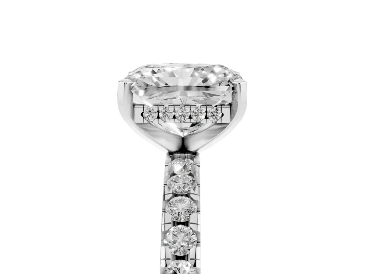 Radiant Cut Diamond Solitaire Ring with Round Pavé Band and Four-Prong Setting Silver