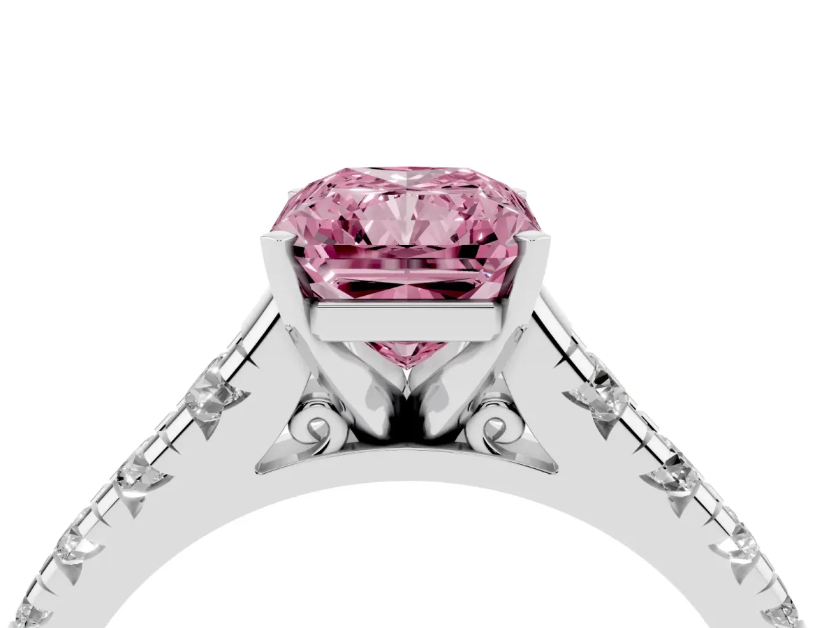 Fancy Pink Radiant Cut Diamond Cathedral Solitaire Ring with Round Pavé Band Platinum