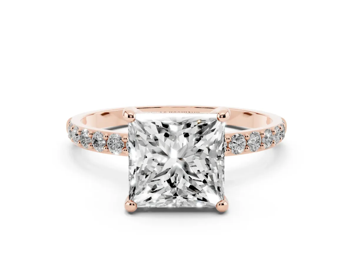 Princess Cut Diamond Solitaire Ring with Round Pavé Band and Prong Setting Rose gold