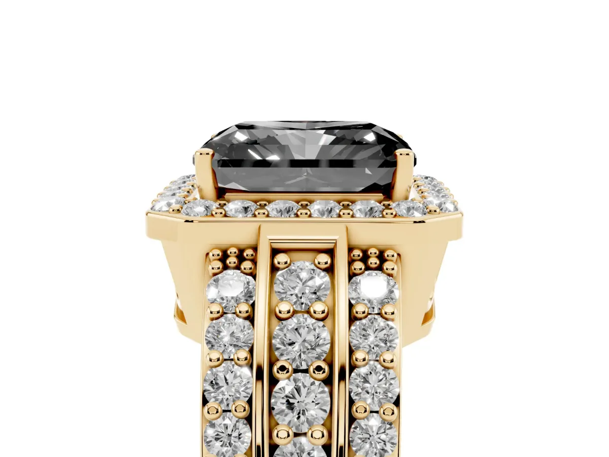 Fancy Black Radiant Cut Halo Diamond Ring with Round Split Shank and Prong Setting Yellow gold