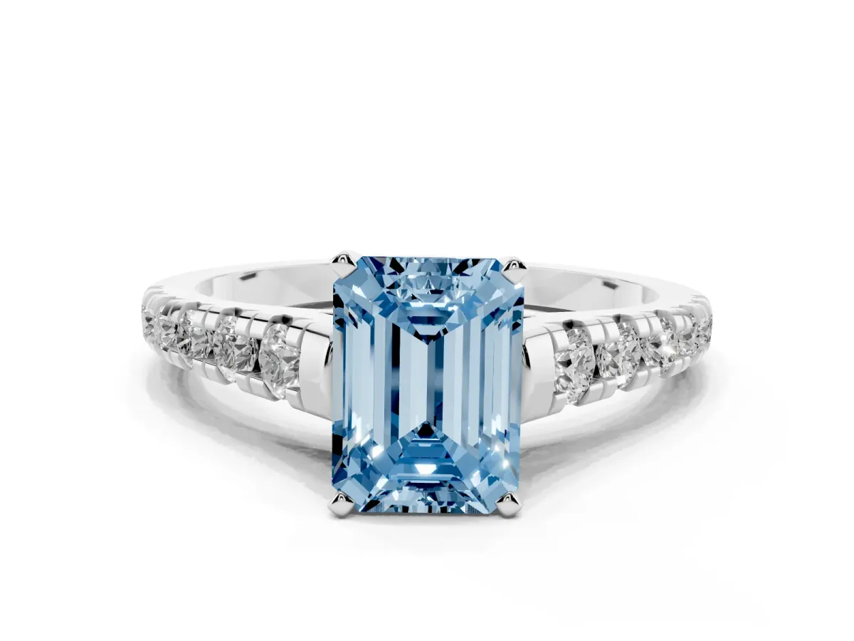 Fancy Blue Emerald Cut Diamond Cathedral Solitaire Ring with Round Pavé Band Silver