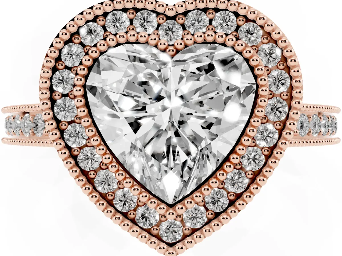 Heart Cut Cut Halo Diamond Ring with Pavé Band and Milgrain Prong Setting Rose gold