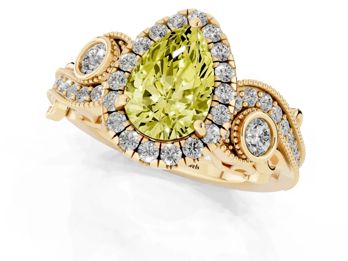 Fancy Yellow Pear Cut Halo Diamond Ring with Milgrain and Bezel Accents on a Split Shank Band Yellow gold