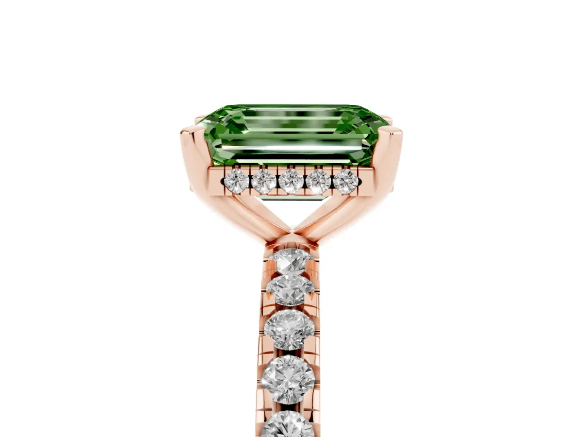 Fancy Green Emerald Cut Diamond Solitaire Ring with Round Pavé Band and Four-Prong Setting Rose gold