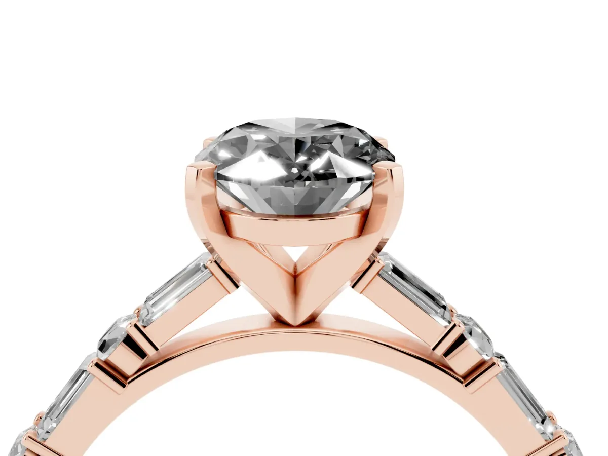 Fancy Black Oval Cut Diamond Solitaire with Side Baguettes and Channel Set Band Rose gold