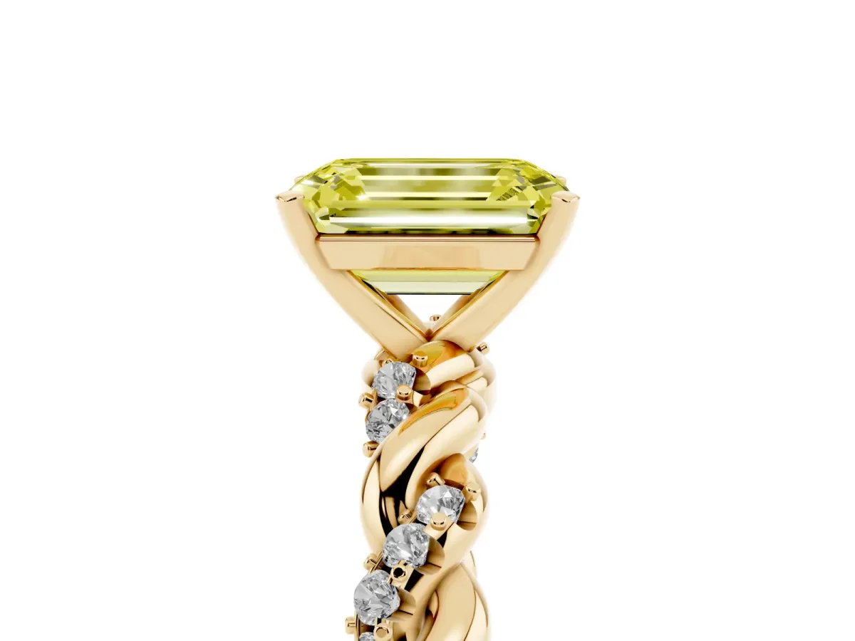 Fancy Yellow Emerald Cut Diamond Solitaire Ring with Twisted Band and Pavé Accents Yellow gold