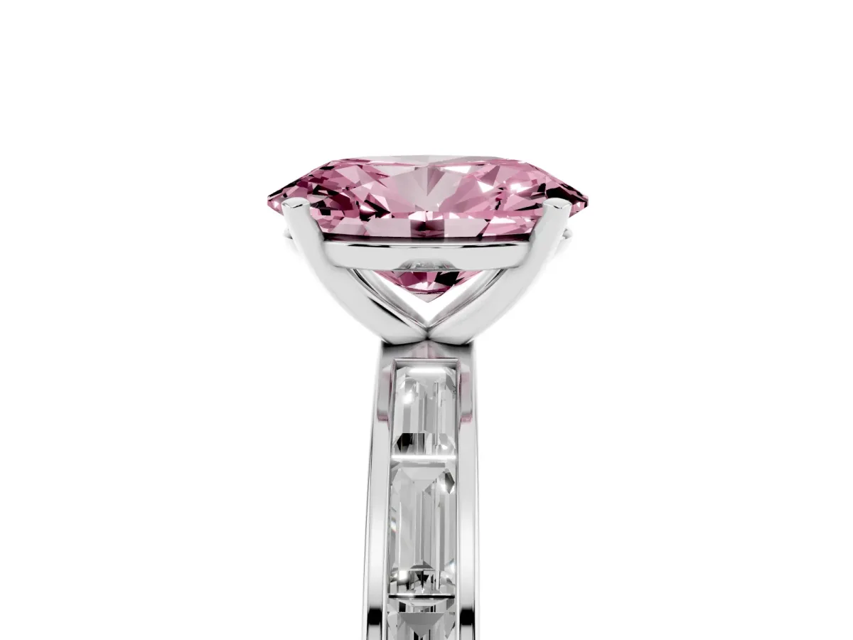 Fancy Pink Oval Cut Solitaire Diamond Ring with Channel-Set Baguette Band and Four-Prong Setting White gold