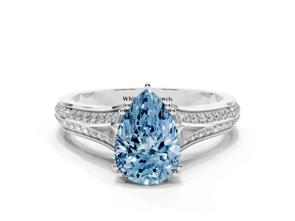 Fancy Blue Pear Cut Diamond Split Shank Engagement Ring with Pavé Band Silver