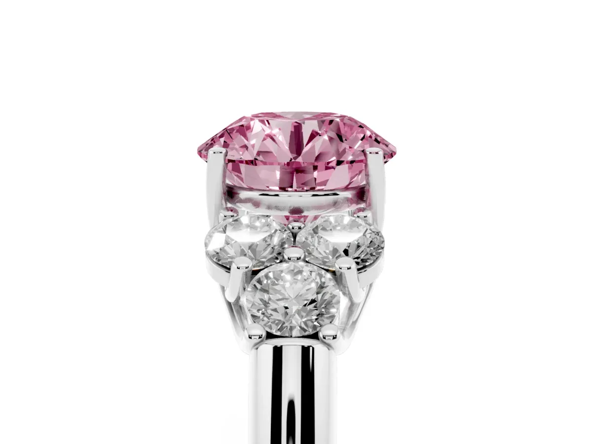 Fancy Pink Round Cut Cut Diamond Cluster Ring with Round Accent Stones and Prong Setting on a Classic Band White gold