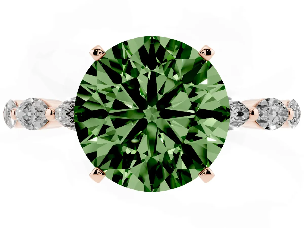 Fancy Green Round Cut Diamond Ring with Marquise Side Stones and Prong Setting Rose gold