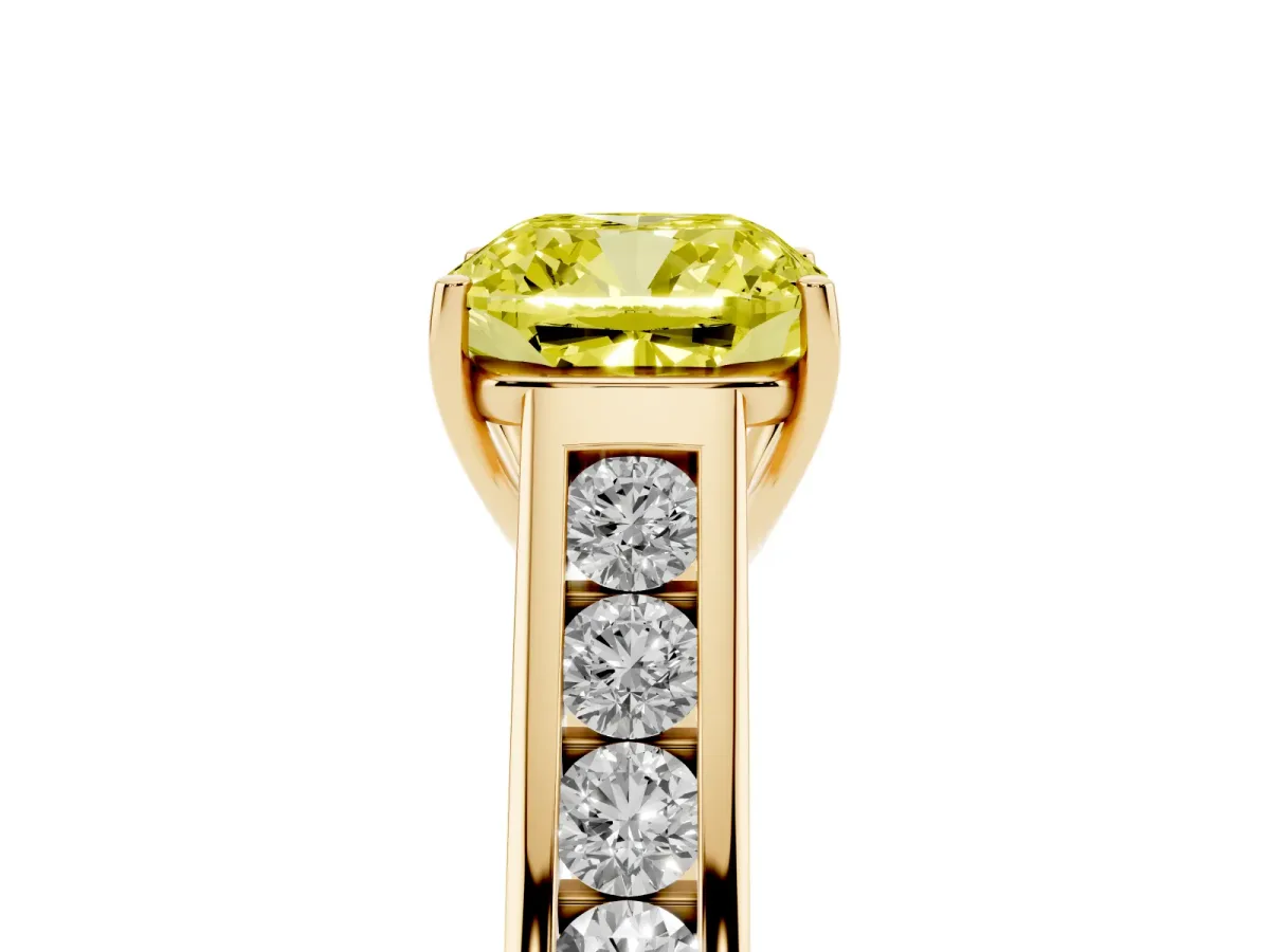 Fancy Yellow Cushion Cut Solitaire Channel-Set Diamond Engagement Ring with Four-Prong Setting Yellow gold