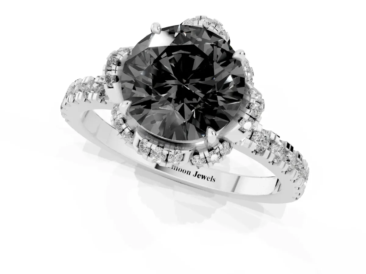 Fancy Black Round Cut Diamond Halo Pave Band with Four-Prong Setting White gold
