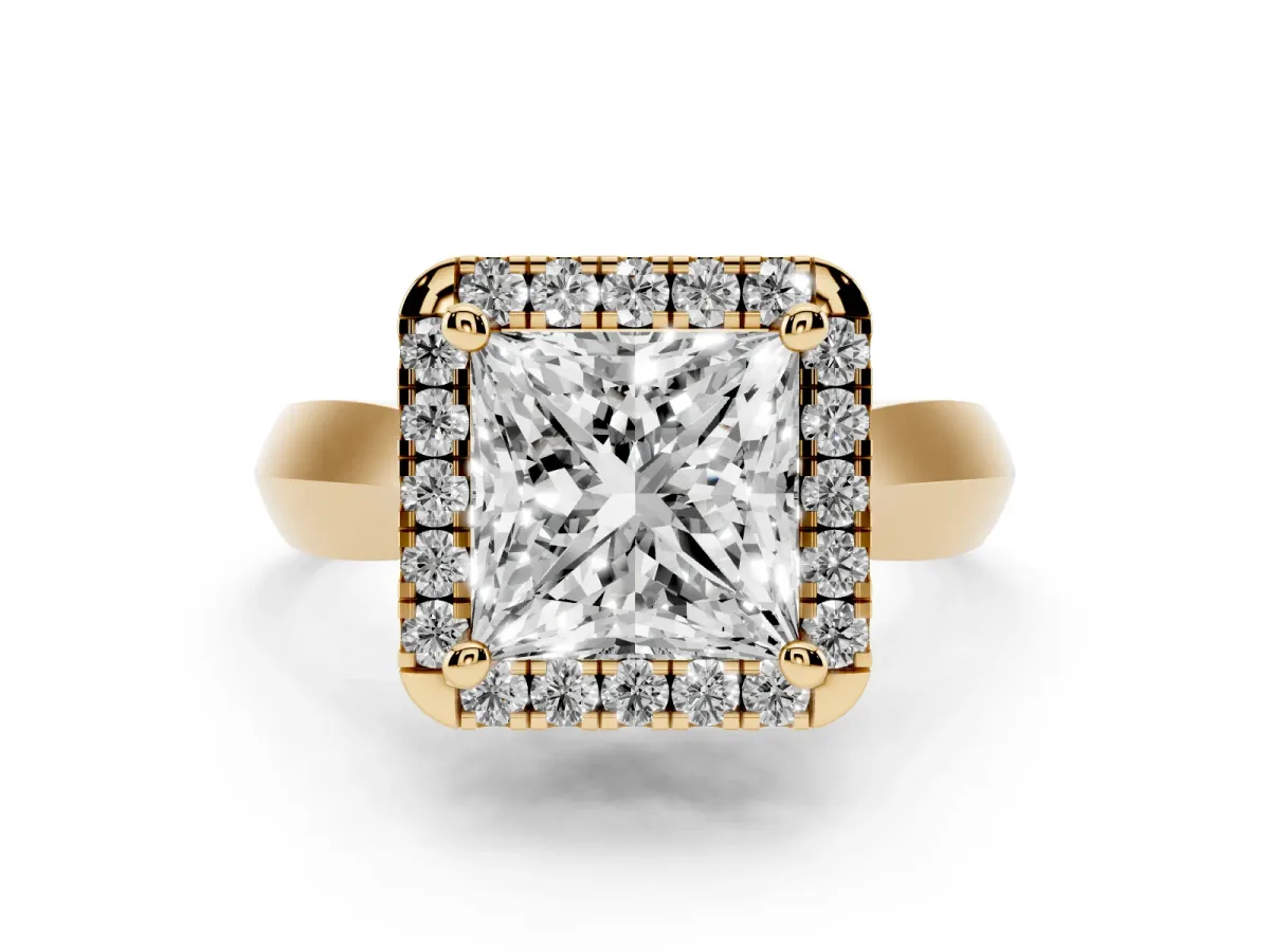 Princess Cut Cut Halo Solitaire Engagement Ring with Square Band and Four-Prong Setting Yellow gold