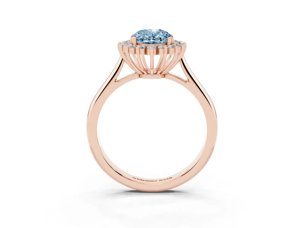 Fancy Blue Oval Cut Cut Diamond Halo Ring with Solitaire Band and Prong Setting Rose gold