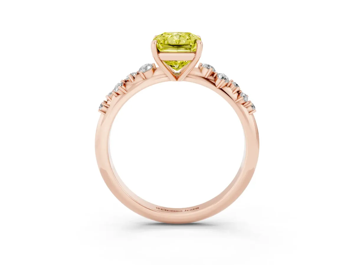 Fancy Yellow Radiant Cut Diamond Cluster Side Stone Solitaire Ring with Prong Setting Rose gold