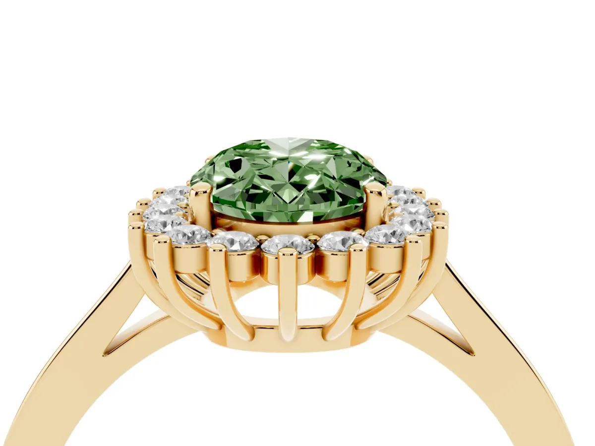 Fancy Green Oval Cut Cut Diamond Halo Ring with Round Brilliant Halo and Solitaire Band Yellow gold