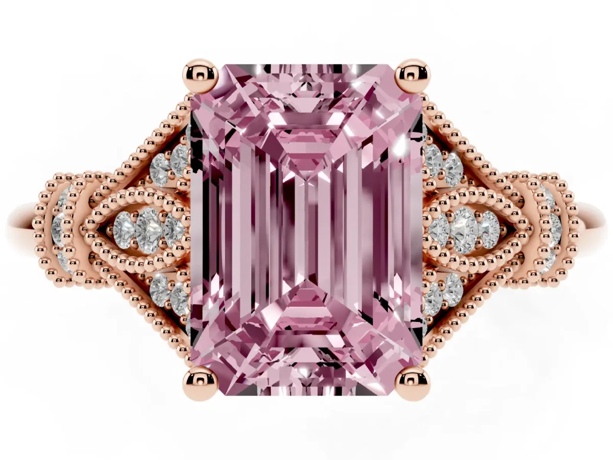 Fancy Pink Emerald Cut Diamond Solitaire Ring with Floral Filigree and Pave Accents Rose gold