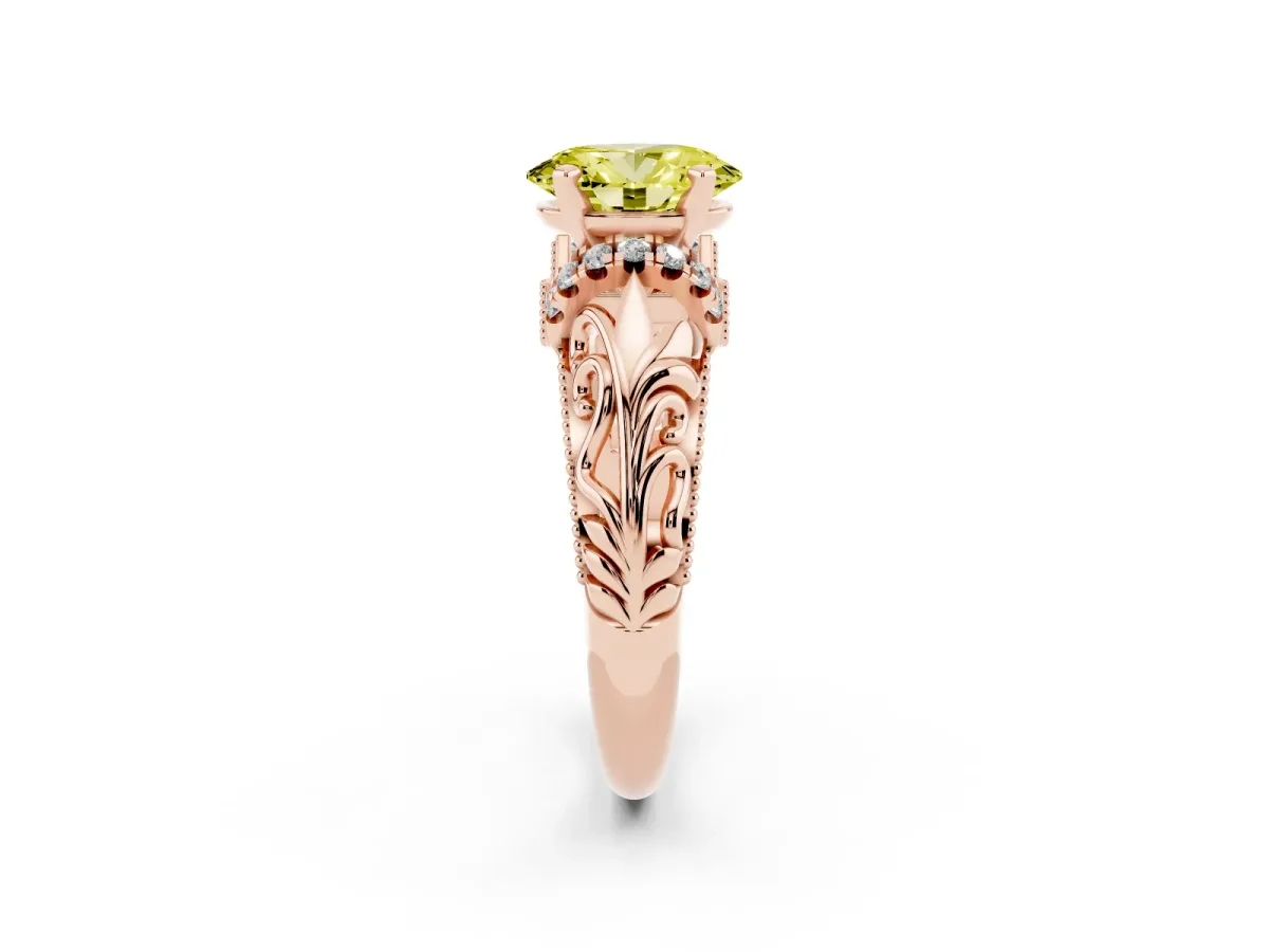 Fancy Yellow Oval Cut Solitaire Filigree Engagement Ring with Halo and Prong Setting Rose gold