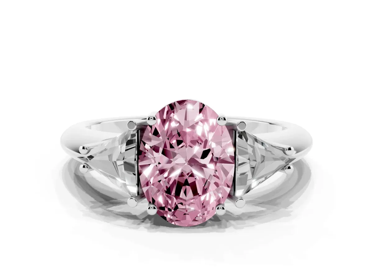 Fancy Pink Three-Stone Oval Cut Diamond Engagement Ring with Trillion Side Stones and Prong Setting Silver