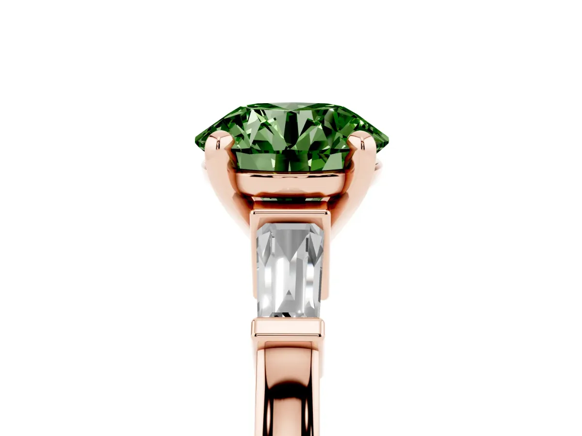 Fancy Green Round Cut Cut Diamond Solitaire Ring with Tapered Baguette Accents and Four-Prong Setting Rose gold