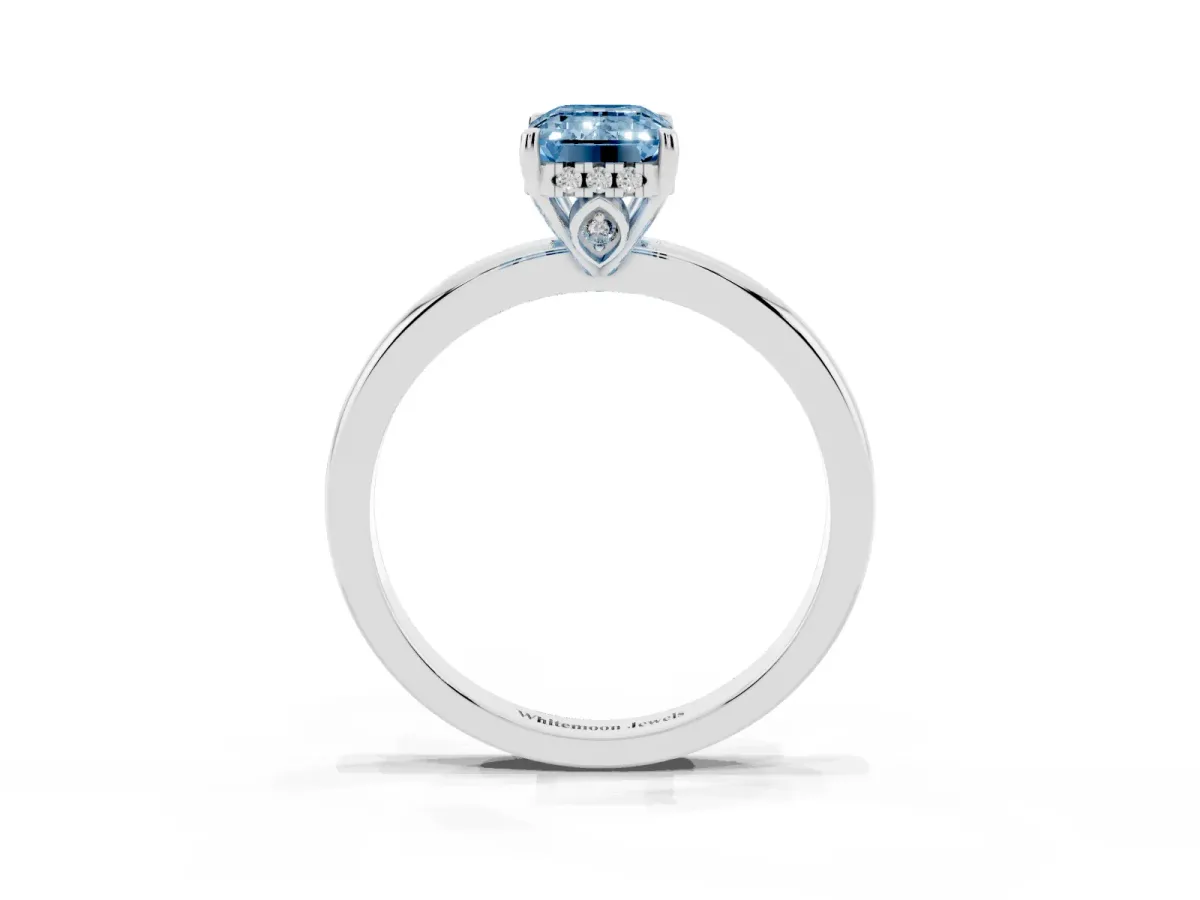 Fancy Blue Emerald Cut Solitaire Diamond Ring with Prong Setting and Plain Band Silver
