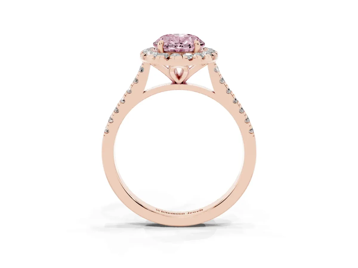 Fancy Pink Oval Cut Diamond Cushion Halo Ring with Pavé Band Rose gold
