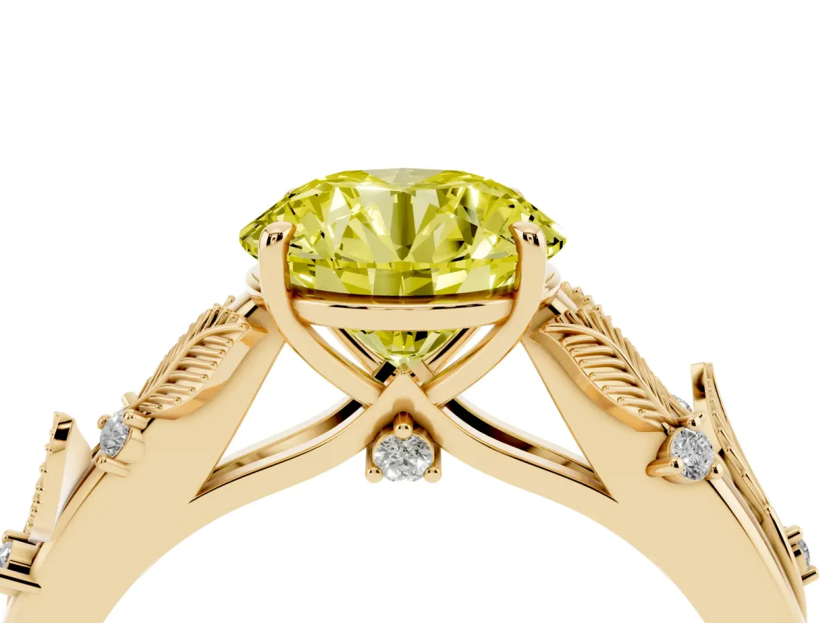 Fancy Yellow Round Cut Diamond Solitaire Ring with Leaf Motif Band and Four-Prong Setting Yellow gold