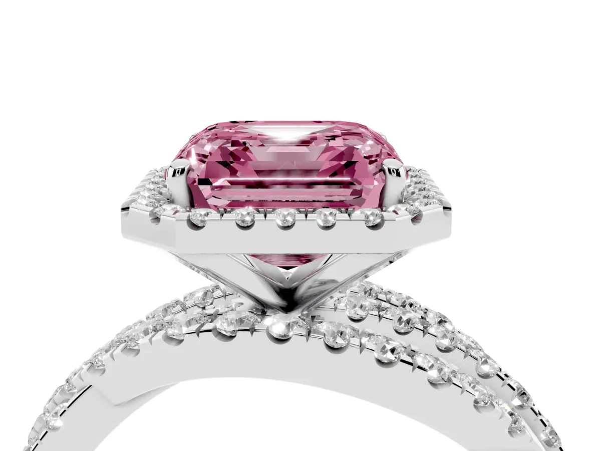 Fancy Pink Asscher Cut Diamond Halo Ring with Round Split Shank and Prong Setting Silver