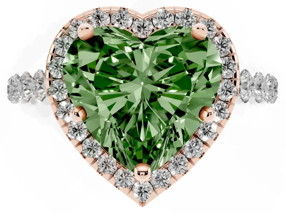 Fancy Green Heart Cut Halo Pavé Diamond Engagement Ring with Four-Prong Setting Rose gold