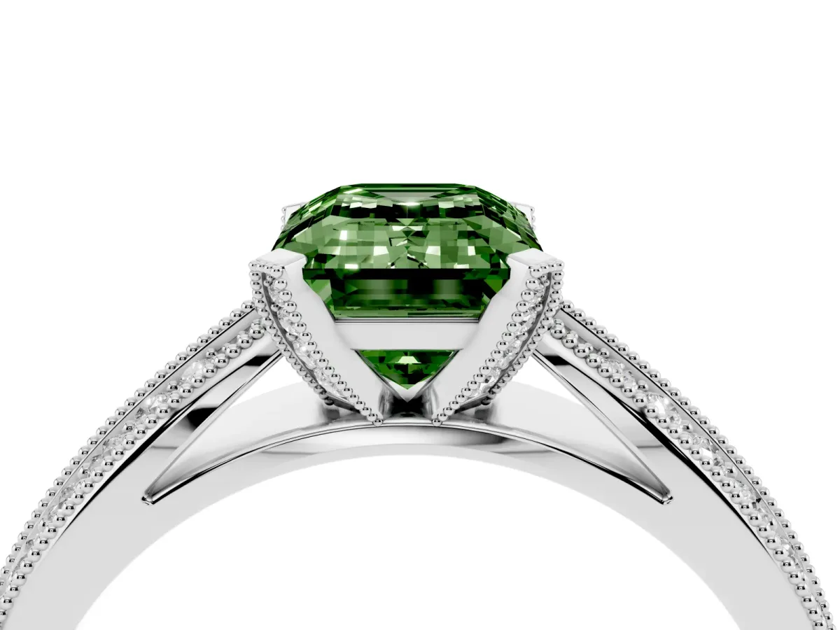 Fancy Green Emerald Cut Diamond Solitaire Ring with Milgrain Round Pavé Band and Prong Setting Platinum
