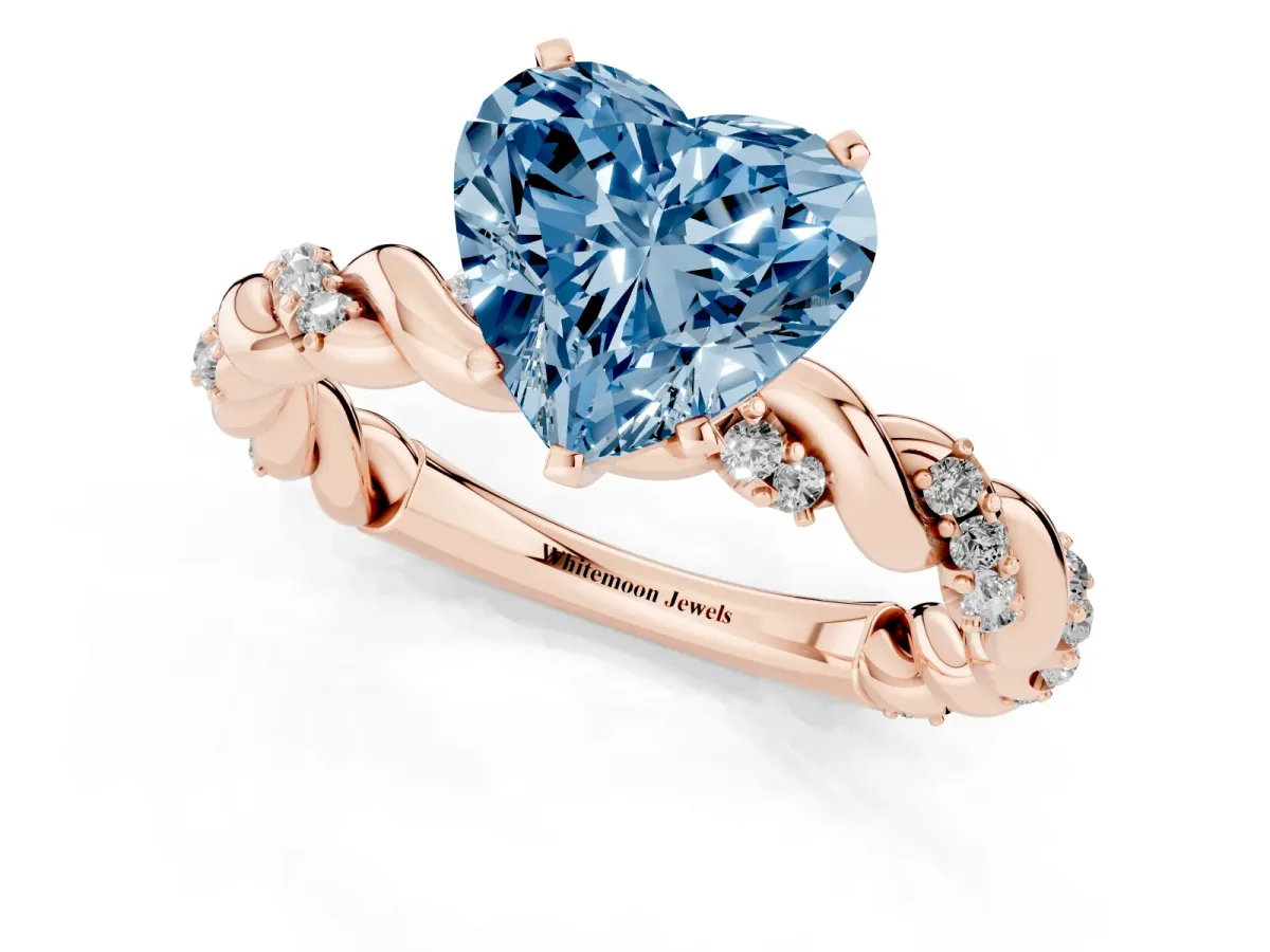 Fancy Blue Heart Cut Diamond Solitaire Ring with Twisted Band and Pavé Accents Rose gold