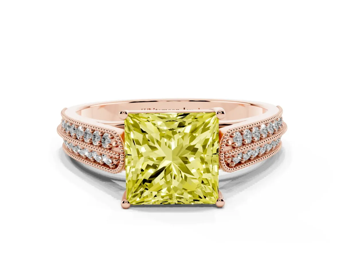 Fancy Yellow Princess Cut Cut Pave Split Shank Engagement Ring with Four-Prong Setting Rose gold