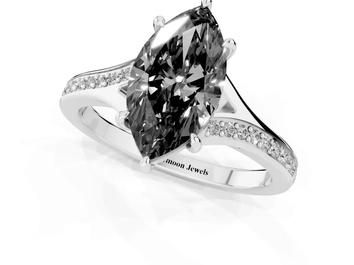 Fancy Black Marquise Cut Diamond Solitaire Ring with Pavé Band and Prong Setting Silver