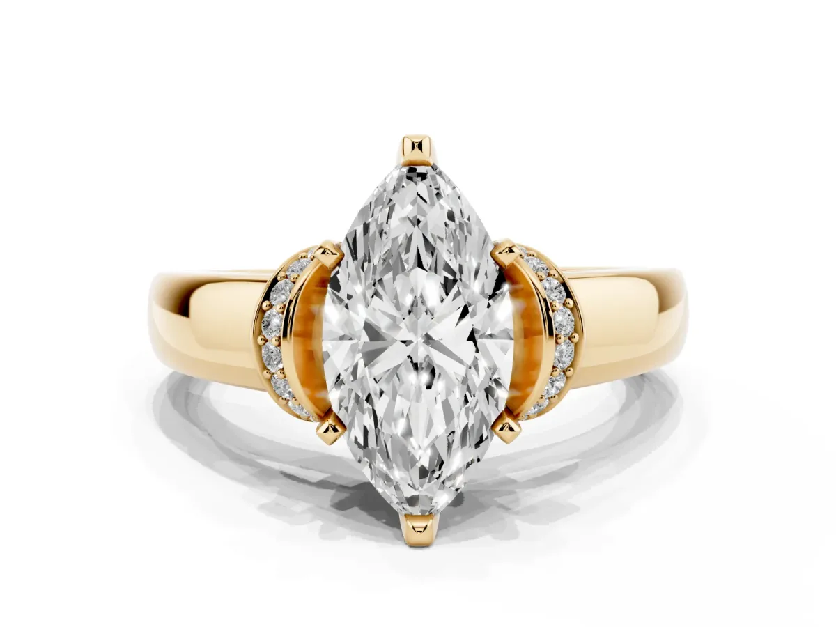 Marquise Cut Solitaire Diamond Ring with Pave Band and Six-Prong Setting Yellow gold