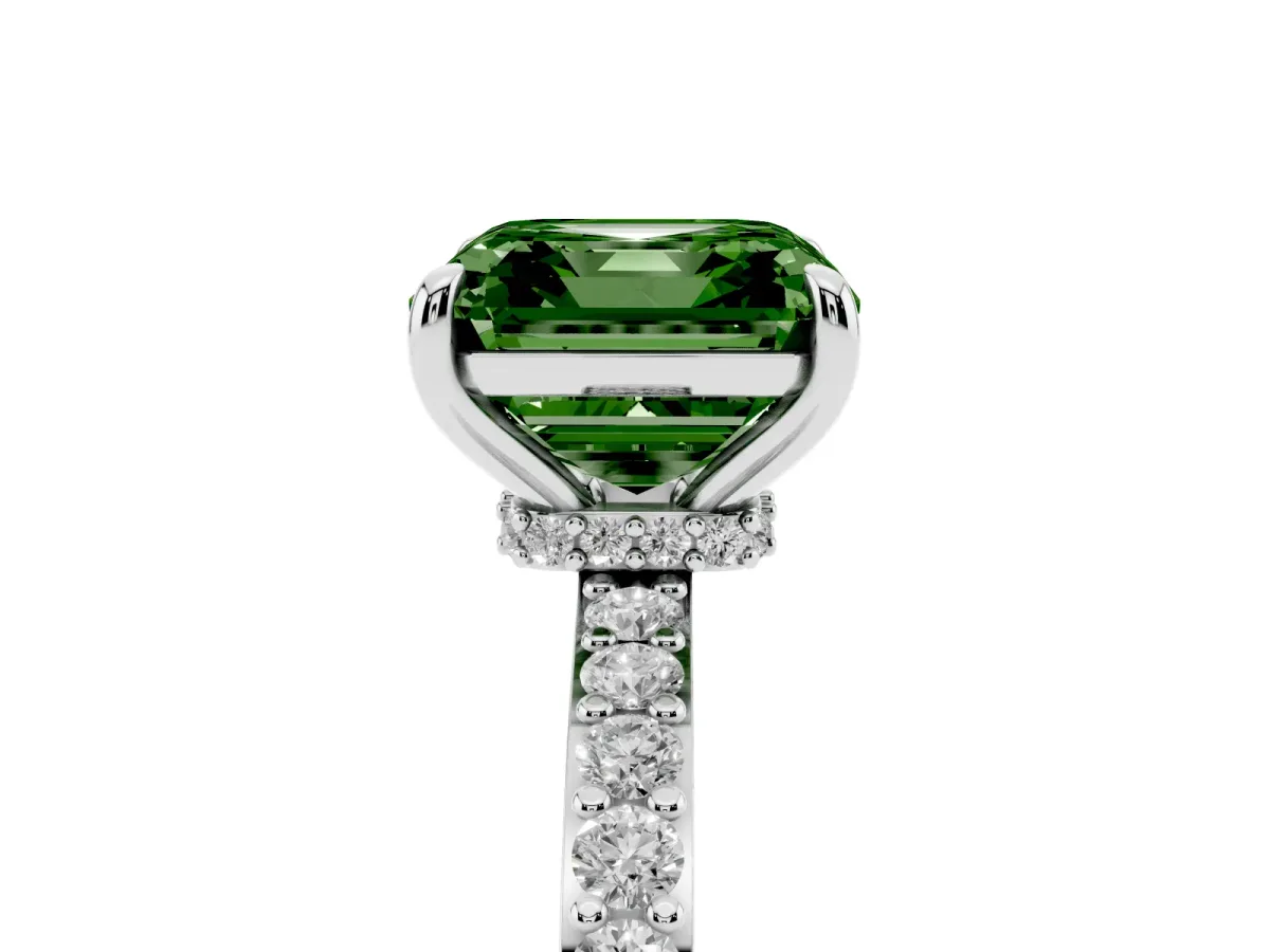 Fancy Green Asscher Cut Diamond Solitaire Engagement Ring with Pavé Band and Four-Prong Setting White gold